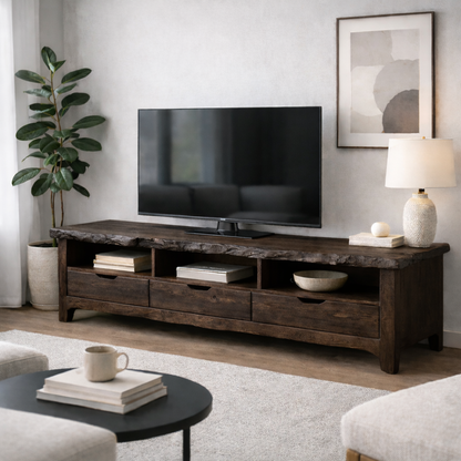 Solid Wood TV Stand with Drawers & Open Shelves – Rustic Low Profile Console