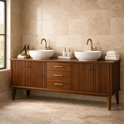 Handcrafted Fluted Freestanding Double Vanity - Solid Wood Mid-Century Modern Cabinet Kitchnce
