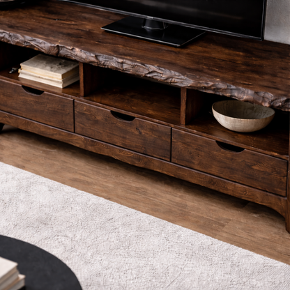 Solid Wood TV Stand with Drawers & Open Shelves – Rustic Low Profile Console