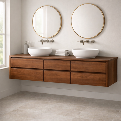 Handcrafted 6-Drawer Floating Double Vanity - Solid Wood Modern Bathroom Cabinet Kitchnce