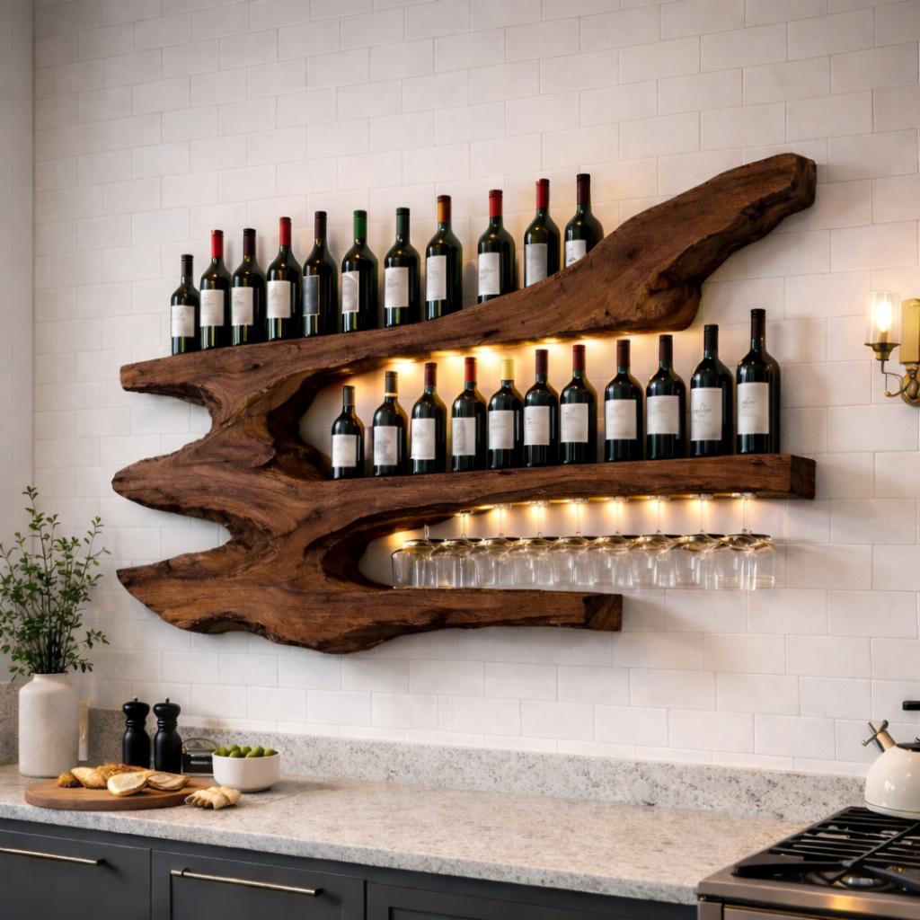 Solid Wood Live Edge Wall Wine Rack with Multi Bottle Shelves and Hanging Glass Holder