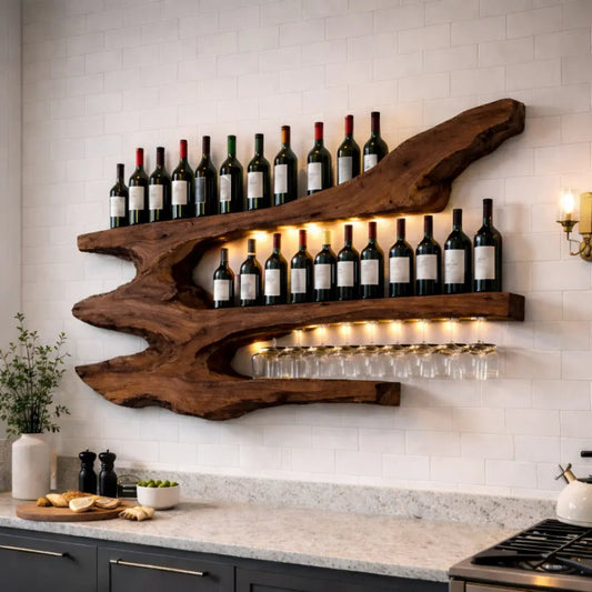 Solid Wood Live Edge Wall Wine Rack with Multi Bottle Shelves and Hanging Glass Holder Kitchnce