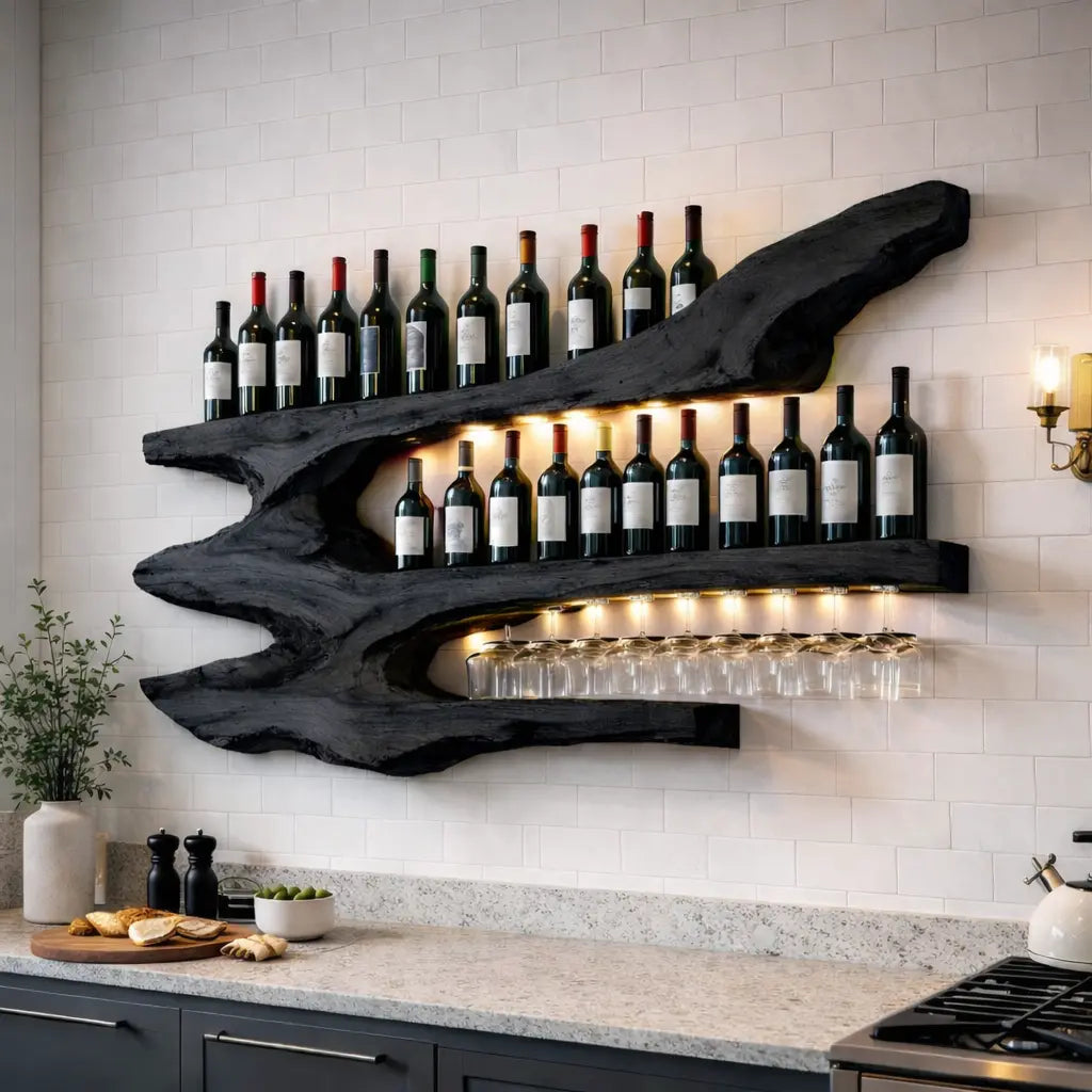 Solid Wood Live Edge Wall Wine Rack with Multi Bottle Shelves and Hanging Glass Holder Kitchnce