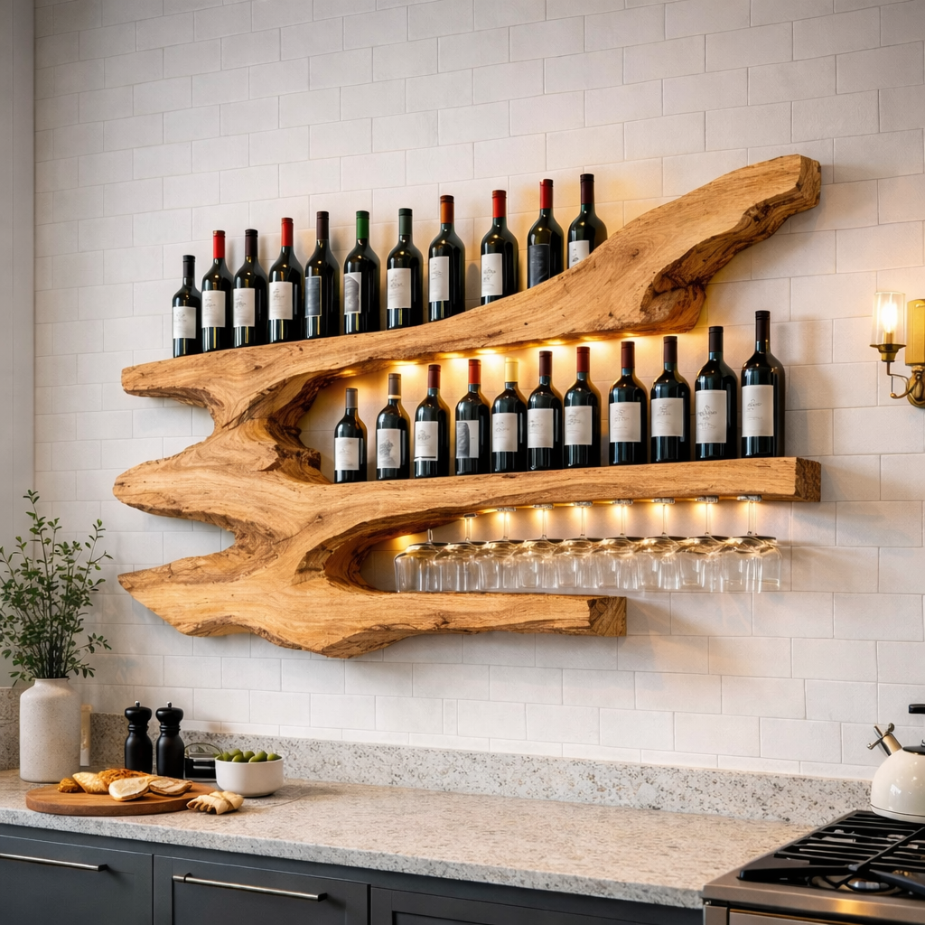 Solid Wood Live Edge Wall Wine Rack with Multi Bottle Shelves and Hanging Glass Holder