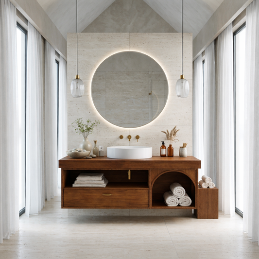 Floating Bathroom Vanity with Open Shelf & Arch Towel Niche – Modern Solid Wood Kitchnce