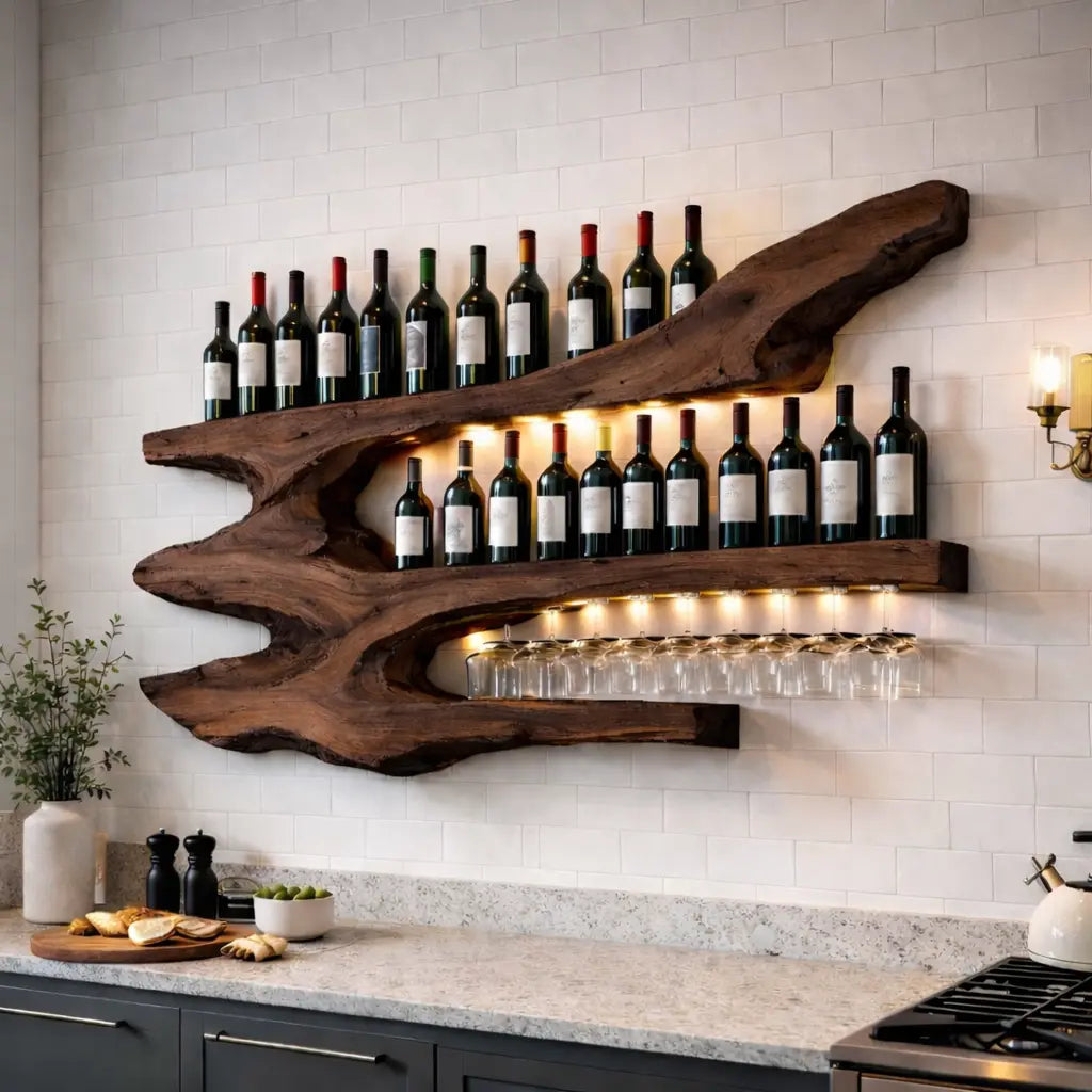 Solid Wood Live Edge Wall Wine Rack with Multi Bottle Shelves and Hanging Glass Holder Kitchnce