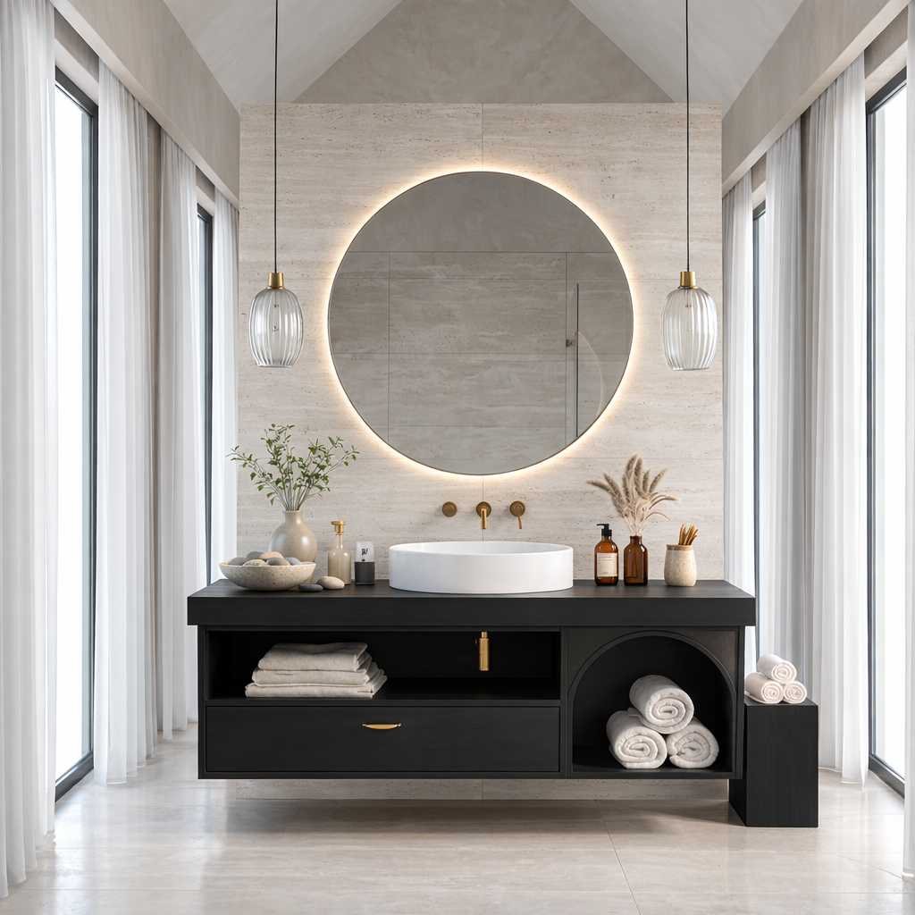 Floating Bathroom Vanity with Open Shelf & Arch Towel Niche – Modern Solid Wood Kitchnce