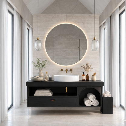 Floating Bathroom Vanity with Open Shelf & Arch Towel Niche – Modern Solid Wood Kitchnce