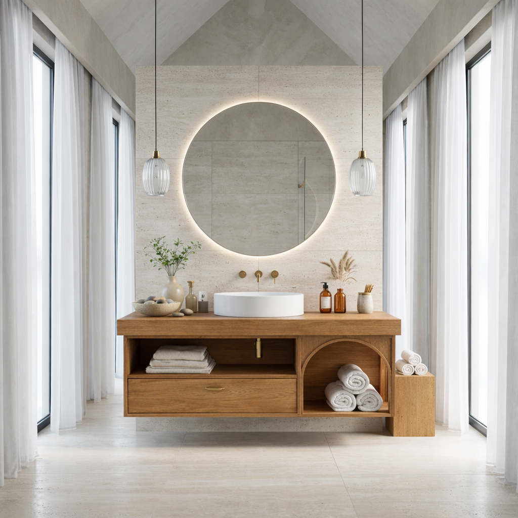 Floating Bathroom Vanity with Open Shelf & Arch Towel Niche – Modern Solid Wood Kitchnce