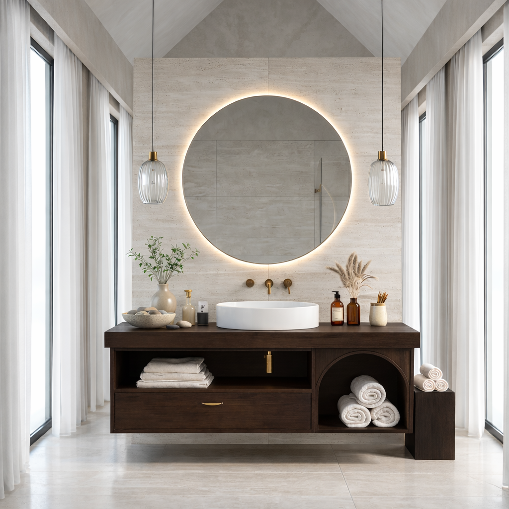 Floating Bathroom Vanity with Open Shelf & Arch Towel Niche – Modern Solid Wood Kitchnce