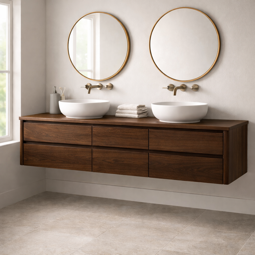 Handcrafted 6-Drawer Floating Double Vanity - Solid Wood Modern Bathroom Cabinet Kitchnce