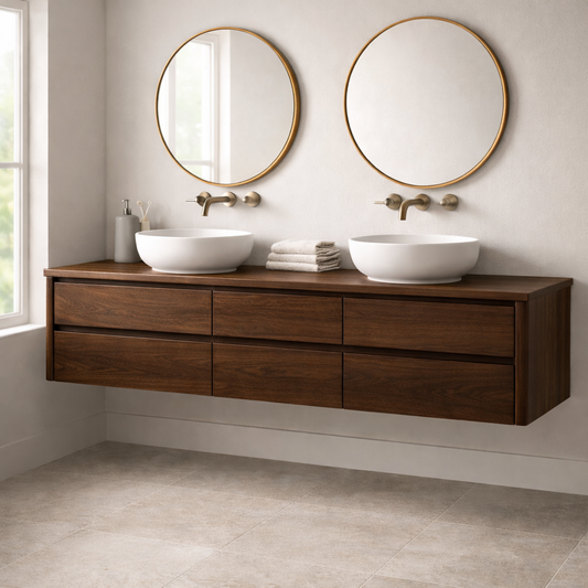 Handcrafted 6-Drawer Floating Double Vanity - Solid Wood Modern Bathroom Cabinet Kitchnce