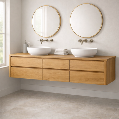 Handcrafted 6-Drawer Floating Double Vanity - Solid Wood Modern Bathroom Cabinet Kitchnce