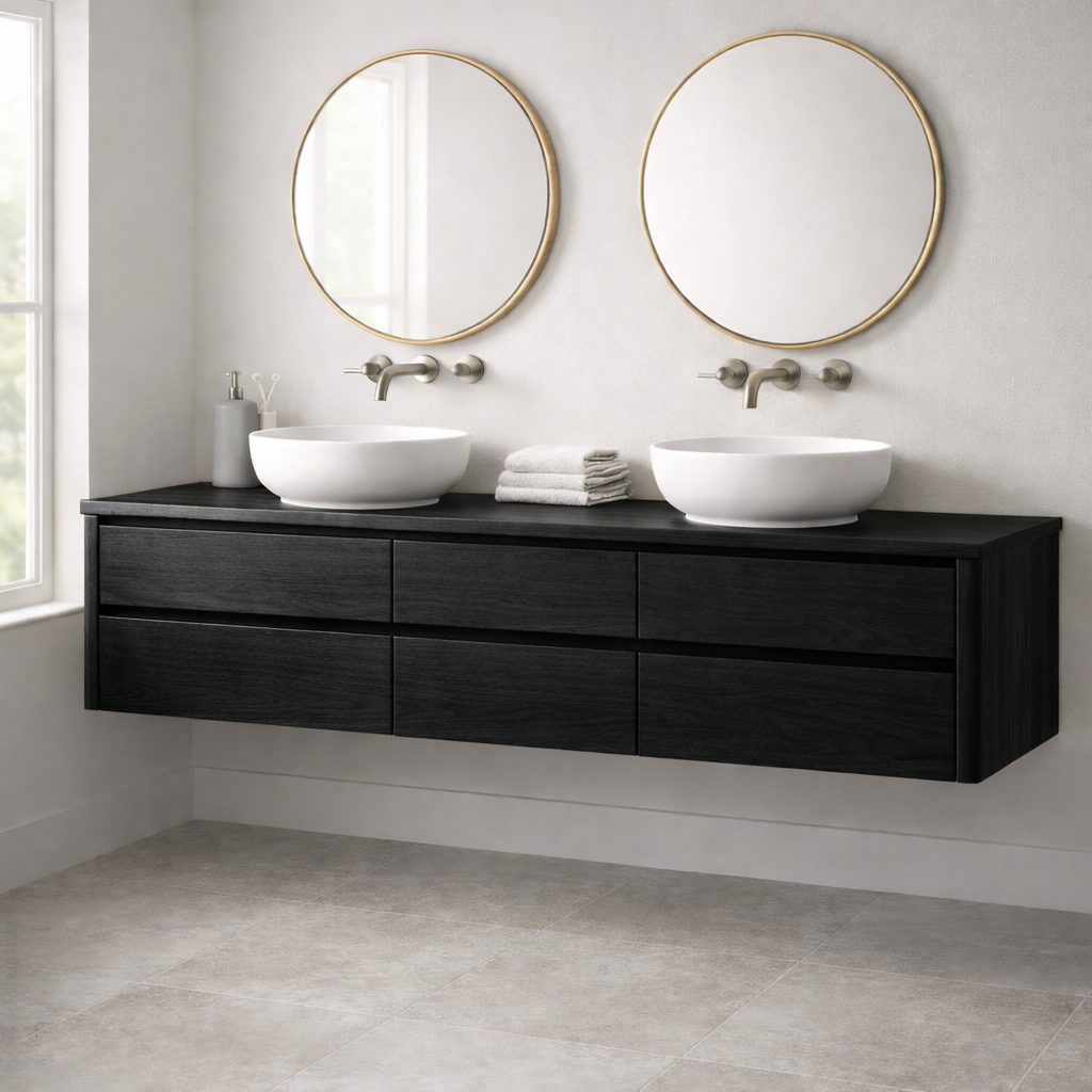Handcrafted 6-Drawer Floating Double Vanity - Solid Wood Modern Bathroom Cabinet Kitchnce