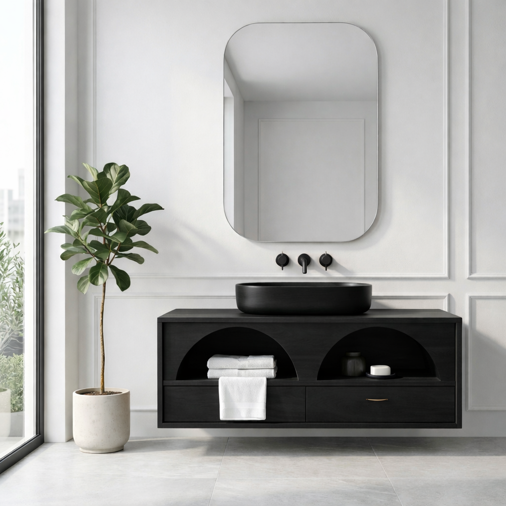 Handcrafted Arch Design Floating Vanity - Solid Wood Mid-Century Modern Bathroom Cabinet Kitchnce