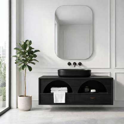 Handcrafted Arch Design Floating Vanity - Solid Wood Mid-Century Modern Bathroom Cabinet Kitchnce