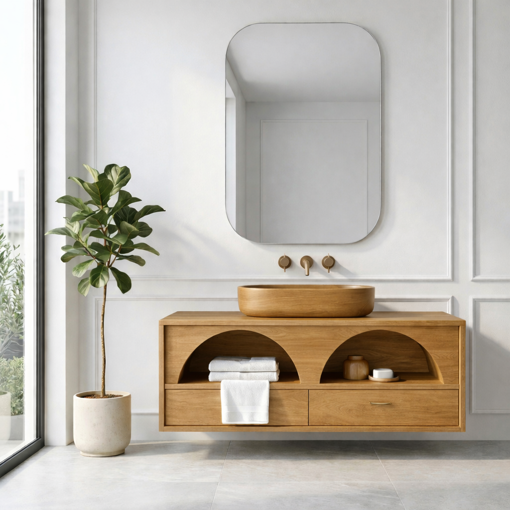 Handcrafted Arch Design Floating Vanity - Solid Wood Mid-Century Modern Bathroom Cabinet Kitchnce