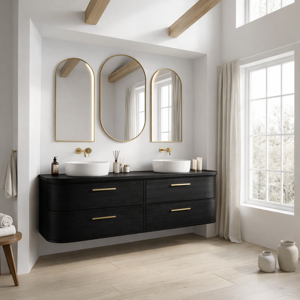 Handcrafted Curved Floating Double Vanity - Solid Wood Luxury Bathroom Cabinet Kitchnce