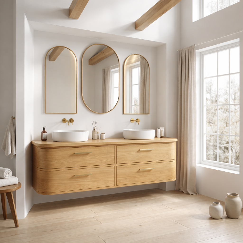 Handcrafted Curved Floating Double Vanity - Solid Wood Luxury Bathroom Cabinet Kitchnce