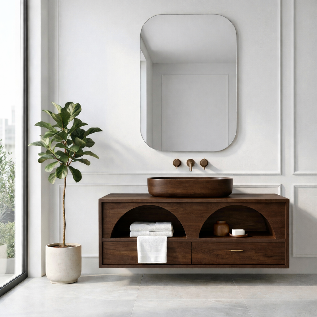 Handcrafted Arch Design Floating Vanity - Solid Wood Mid-Century Modern Bathroom Cabinet Kitchnce