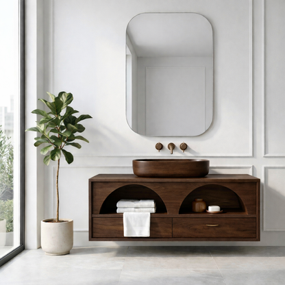 Handcrafted Arch Design Floating Vanity - Solid Wood Mid-Century Modern Bathroom Cabinet Kitchnce