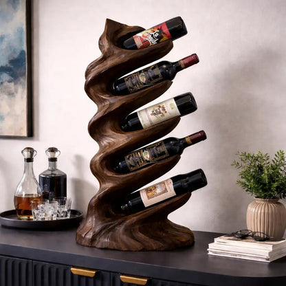Solid Wood Sculptural Wine Holder with Vertical Wave Design Bottle Display Stand Kitchnce