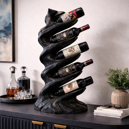 Solid Wood Sculptural Wine Holder with Vertical Wave Design Bottle Display Stand Kitchnce