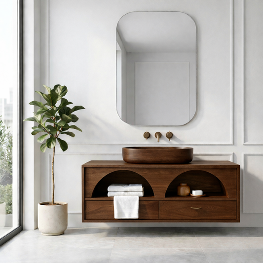 Handcrafted Arch Design Floating Vanity - Solid Wood Mid-Century Modern Bathroom Cabinet Kitchnce