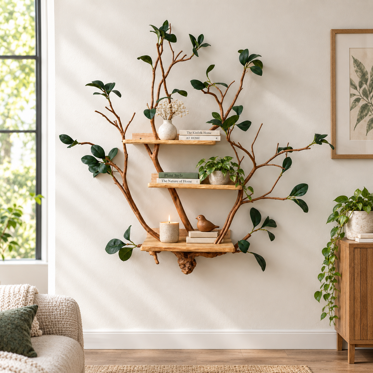 Handcrafted Solid Wood Branch Wall Bookshelf