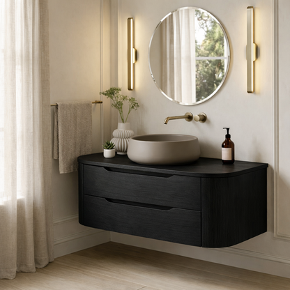 Modern Floating Bathroom Vanity with Curved Edges – Handcrafted Solid Wood Kitchnce