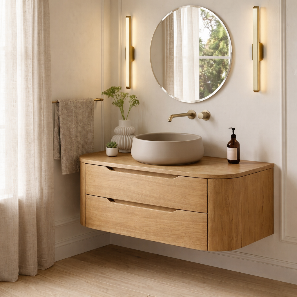 Modern Floating Bathroom Vanity with Curved Edges – Handcrafted Solid Wood Kitchnce