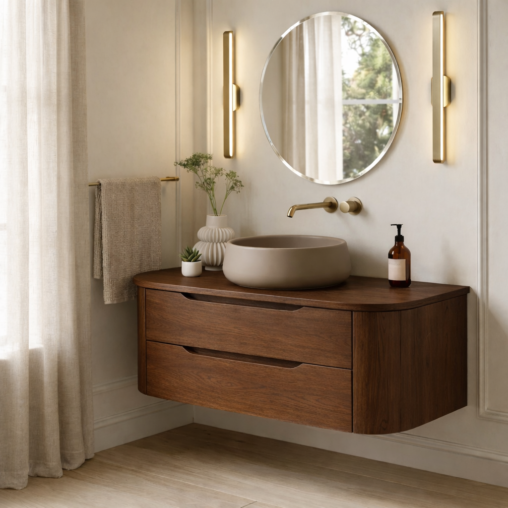 Modern Floating Bathroom Vanity with Curved Edges – Handcrafted Solid Wood Kitchnce