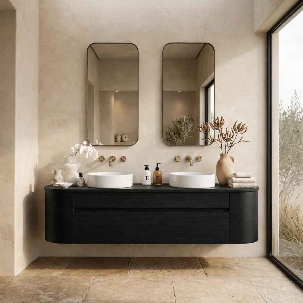 Handcrafted Wood Floating Double Vanity - Solid Wood Mid-Century Modern Bathroom Cabinet Kitchnce