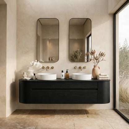Handcrafted Wood Floating Double Vanity - Solid Wood Mid-Century Modern Bathroom Cabinet Kitchnce