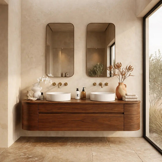 Handcrafted Wood Floating Double Vanity - Solid Wood Mid-Century Modern Bathroom Cabinet Kitchnce