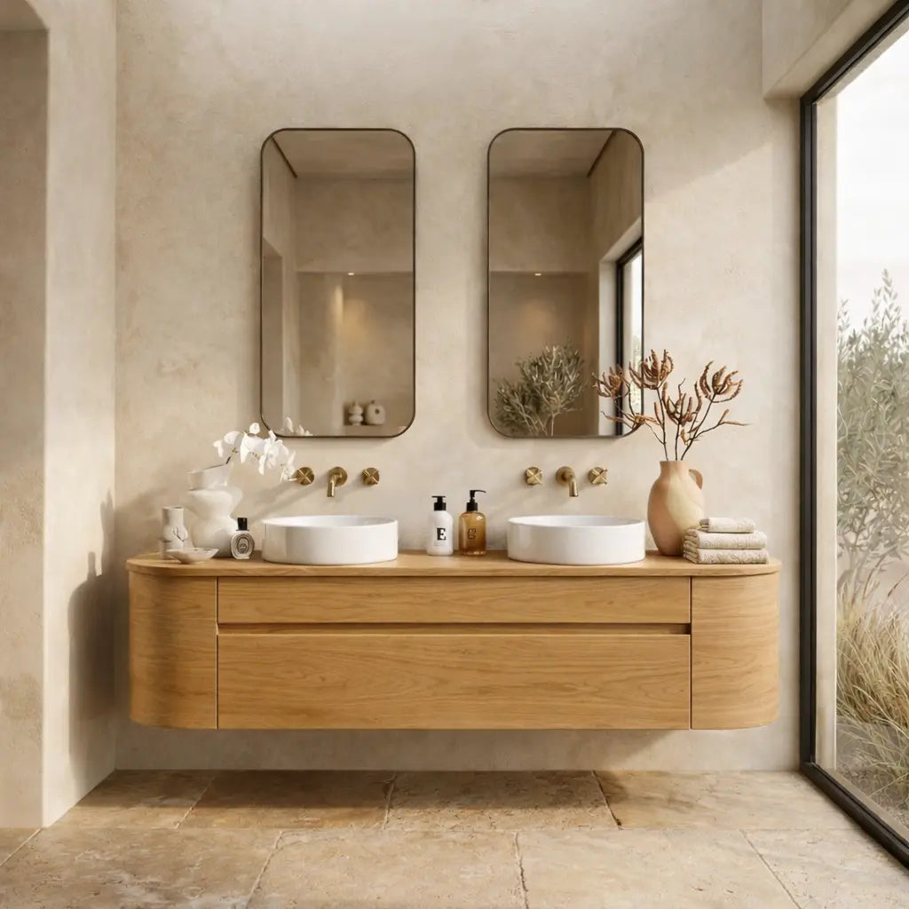 Handcrafted Wood Floating Double Vanity - Solid Wood Mid-Century Modern Bathroom Cabinet Kitchnce