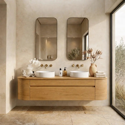 Handcrafted Wood Floating Double Vanity - Solid Wood Mid-Century Modern Bathroom Cabinet Kitchnce