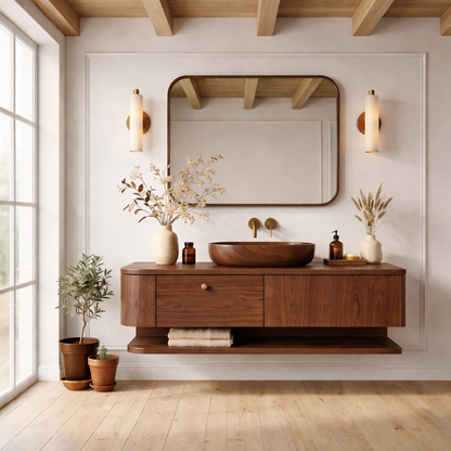 Floating Bathroom Vanity with Open Shelf and Spacious Drawers – Handcrafted Solid Wood Design Kitchnce