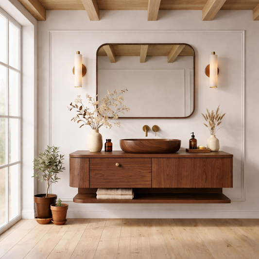 Floating Bathroom Vanity with Open Shelf and Spacious Drawers – Handcrafted Solid Wood Design Kitchnce