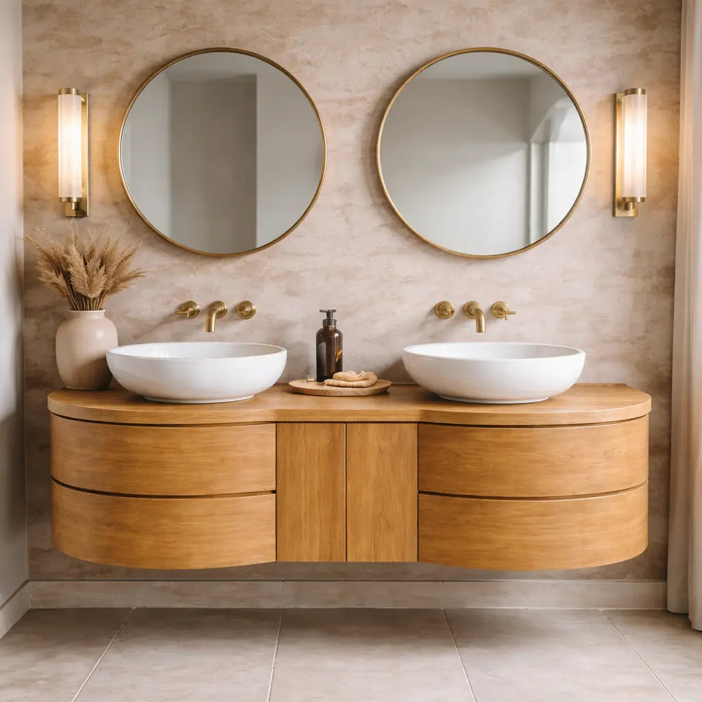 Floating Bathroom Vanity with Curved Ends Double Drawers and Center Cabinet Storage Kitchnce