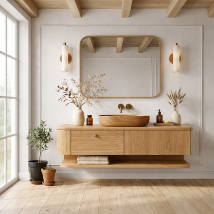 Floating Bathroom Vanity with Open Shelf and Spacious Drawers – Handcrafted Solid Wood Design Kitchnce