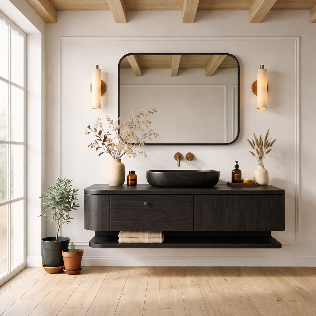 Floating Bathroom Vanity with Open Shelf and Spacious Drawers – Handcrafted Solid Wood Design Kitchnce