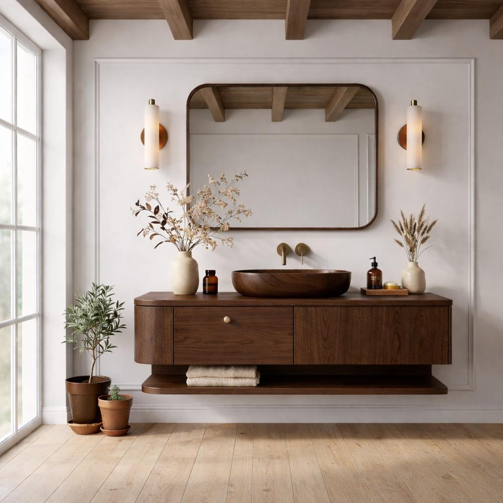 Floating Bathroom Vanity with Open Shelf and Spacious Drawers – Handcrafted Solid Wood Design Kitchnce