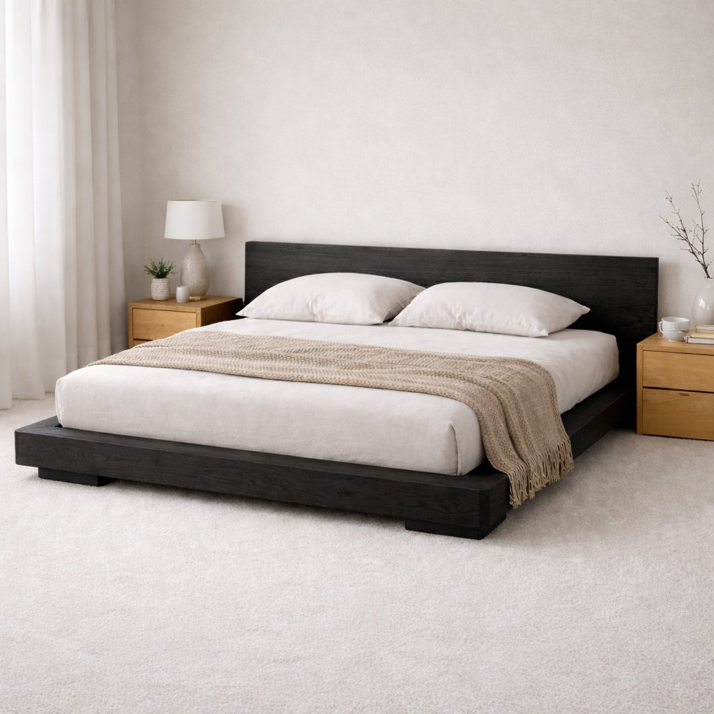 Low Profile Solid Wood Platform Bed Frame with Minimalist Headboard