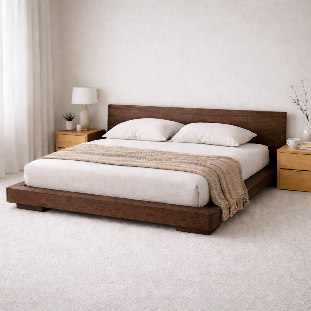 Low Profile Solid Wood Platform Bed Frame with Minimalist Headboard
