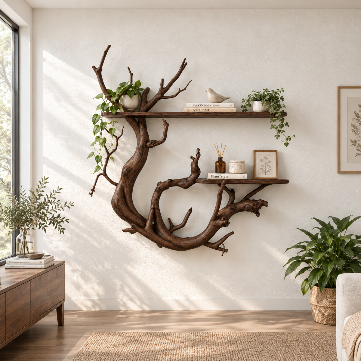 Handcrafted Organic Branch Solid Wood Wall Shelf