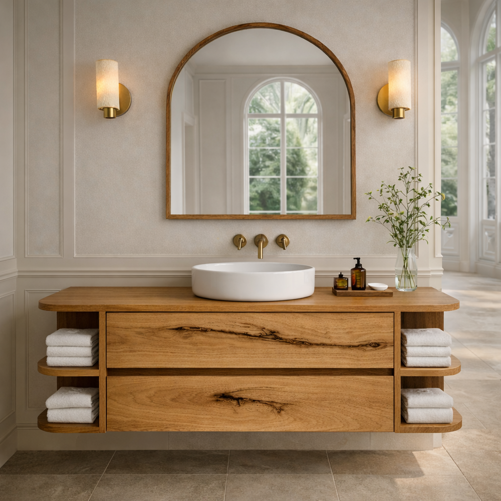 Floating Bathroom Vanity with Curved Open Shelves – Handcrafted Solid Wood Design Kitchnce