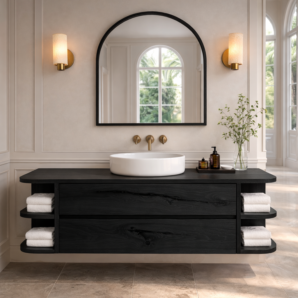 Floating Bathroom Vanity with Curved Open Shelves – Handcrafted Solid Wood Design Kitchnce