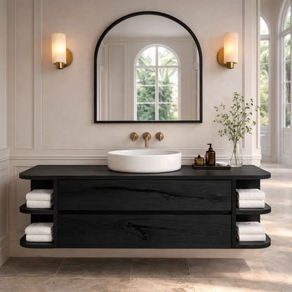 Floating Bathroom Vanity with Curved Open Shelves – Handcrafted Solid Wood Design Kitchnce