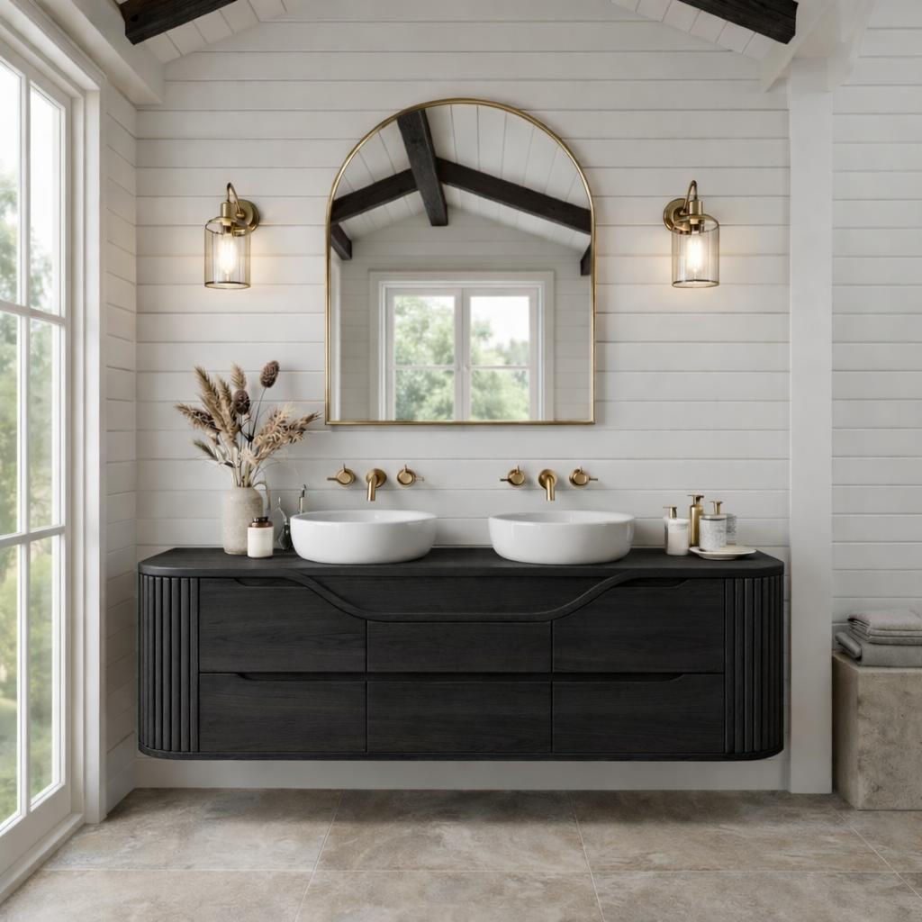 Handcrafted Floating Bathroom Vanity with Curved & Fluted Drawers – Elegant Wooden Design Kitchnce